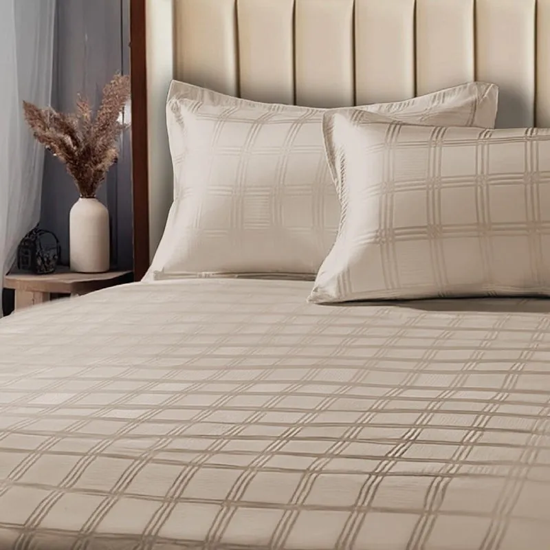 Urban Space Beige Checks Cotton Bedsheet - 300 TC media 8