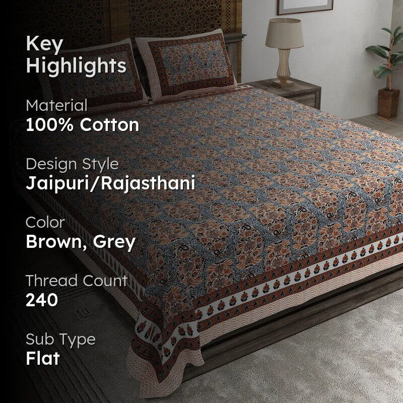 Artor Cotton Bedsheet (Brown,Grey) - 240 TC media 2
