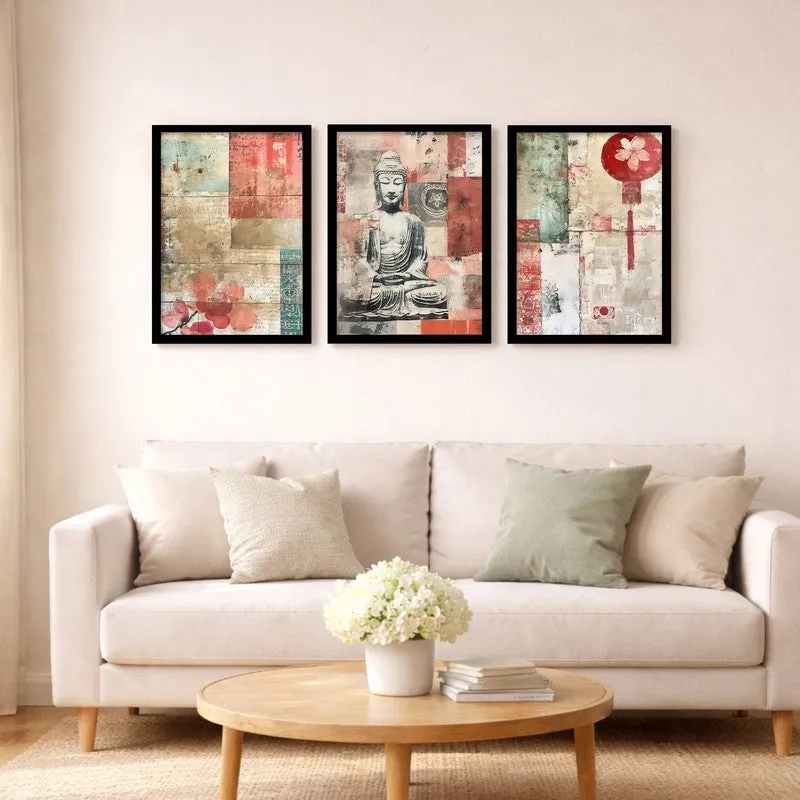 Gautam Buddha Floral Paper Wall Painting With Frame - Set Of Three media 5