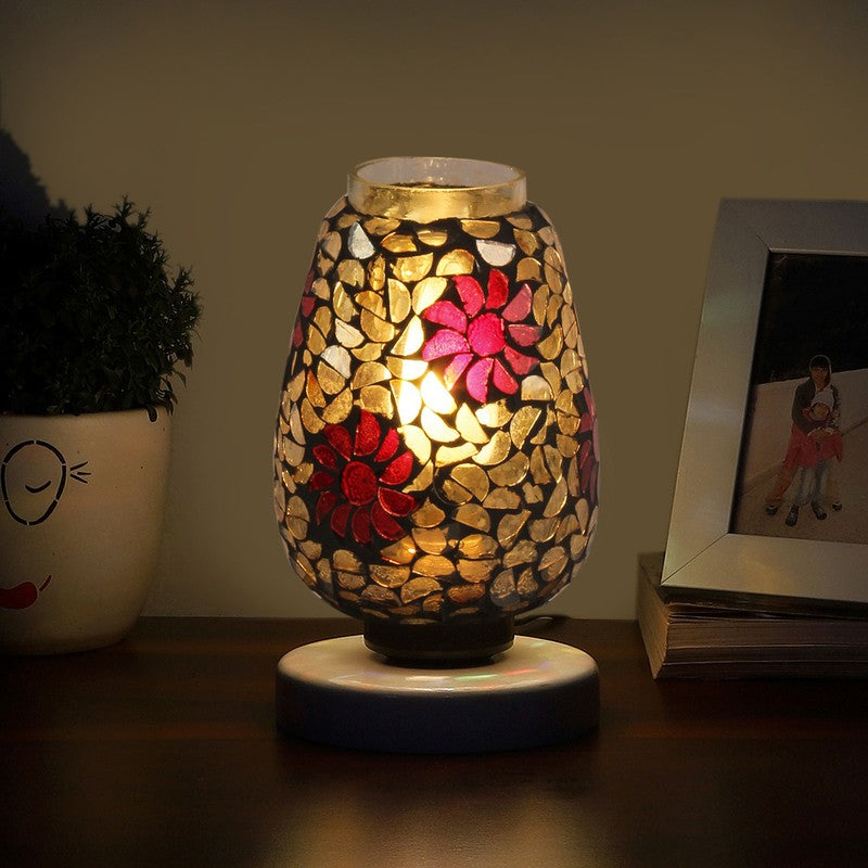 Luxomia Mosaic Glass Table Lamp With Wooden Base - Multicolor