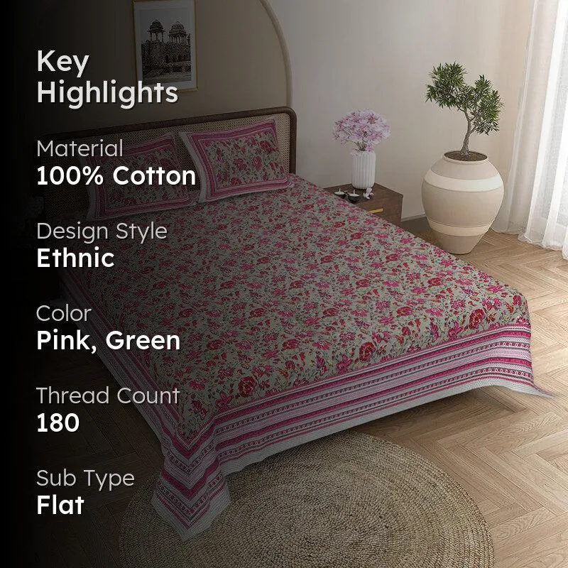 Vishala Ethnic Cotton Bedsheet (Pink,Green) - 180 TC media 2