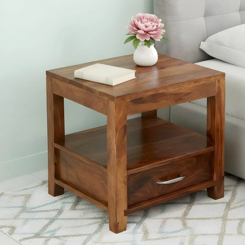 Vverix Sheesham Wooden Side & Bedside Table - Light Brown media 1