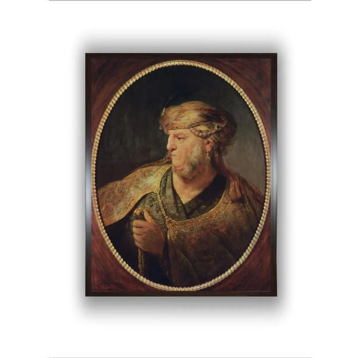 Straight-on view of framed portrait wall painting on a white background