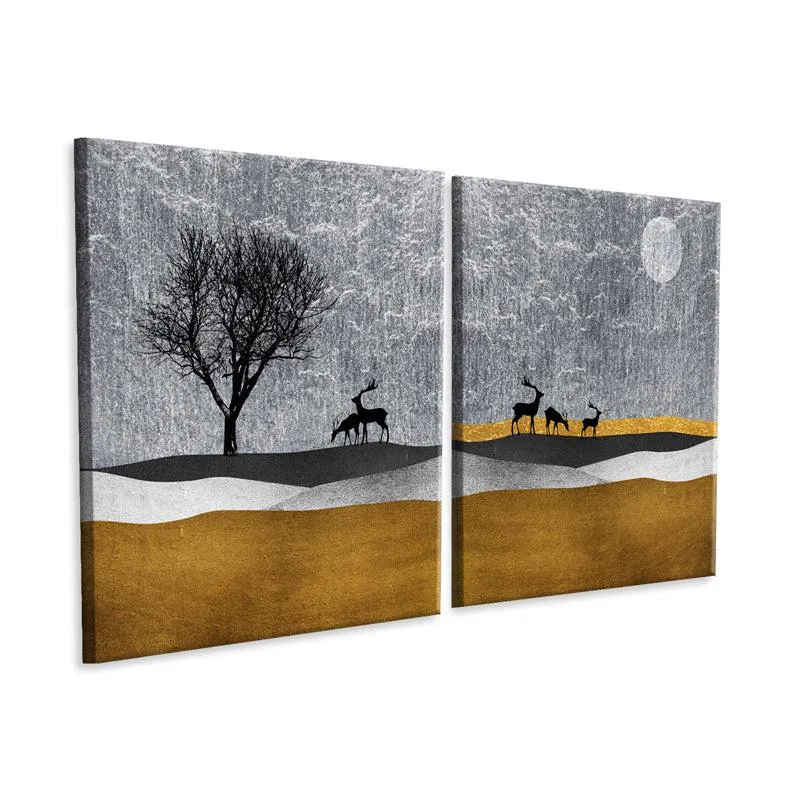 Stags in the Mist Canvas Wall Painting - Set Of Two media 3