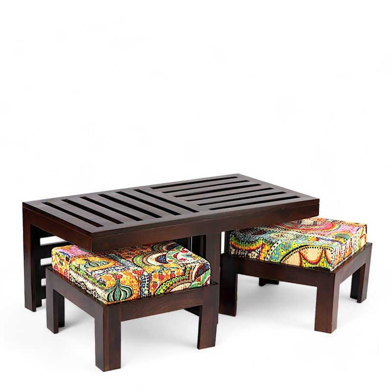 Zavro Sheesham Wooden Center Table with Stools (Deep Brown) - Five Piece Set media 4