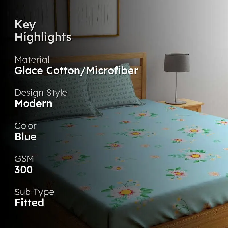 Blue Mosaic Floral Fitted Microfiber Bedsheet - 300 GSM media 2