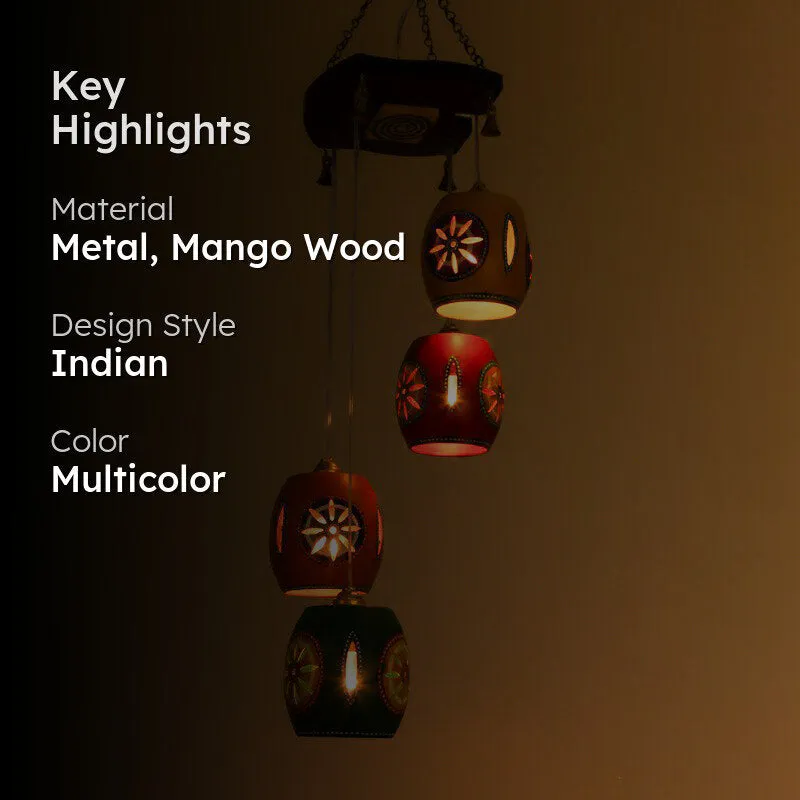 Key highlights graphic showing the multicolour ethnic ceiling lamp
