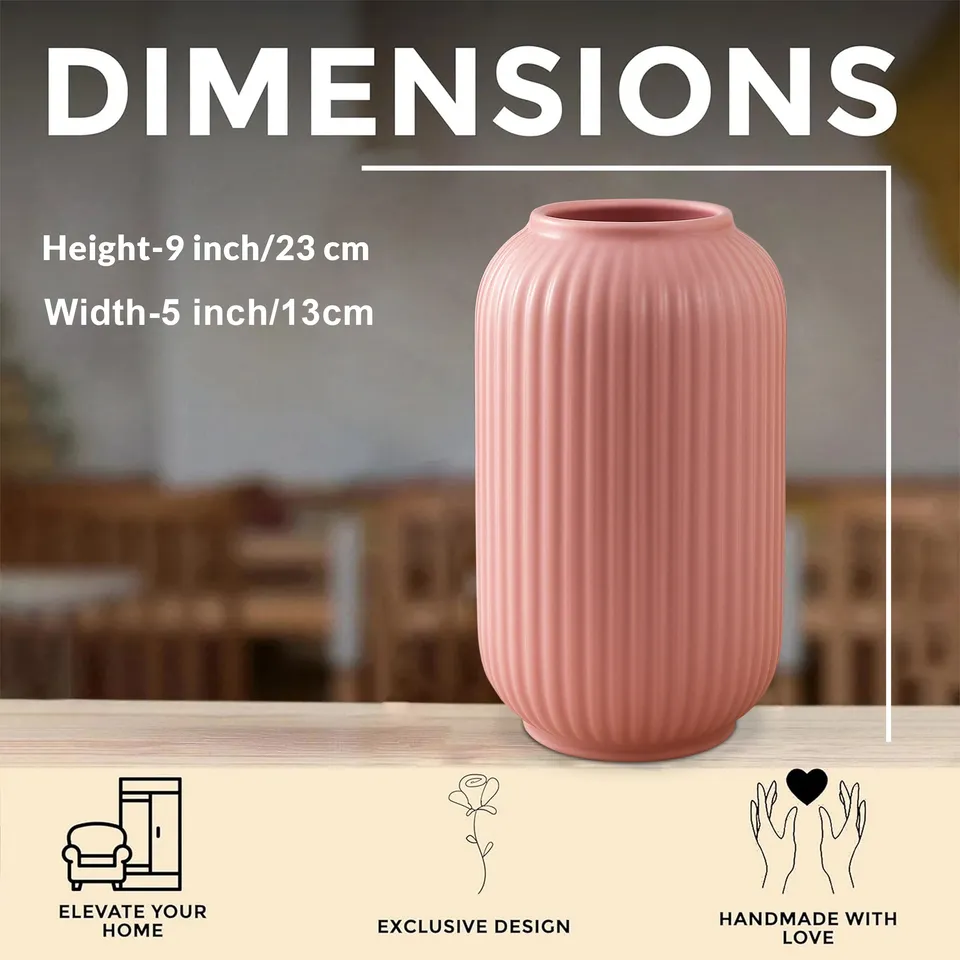 Opulent Ribbed Ceramic Vase - Pink media 6