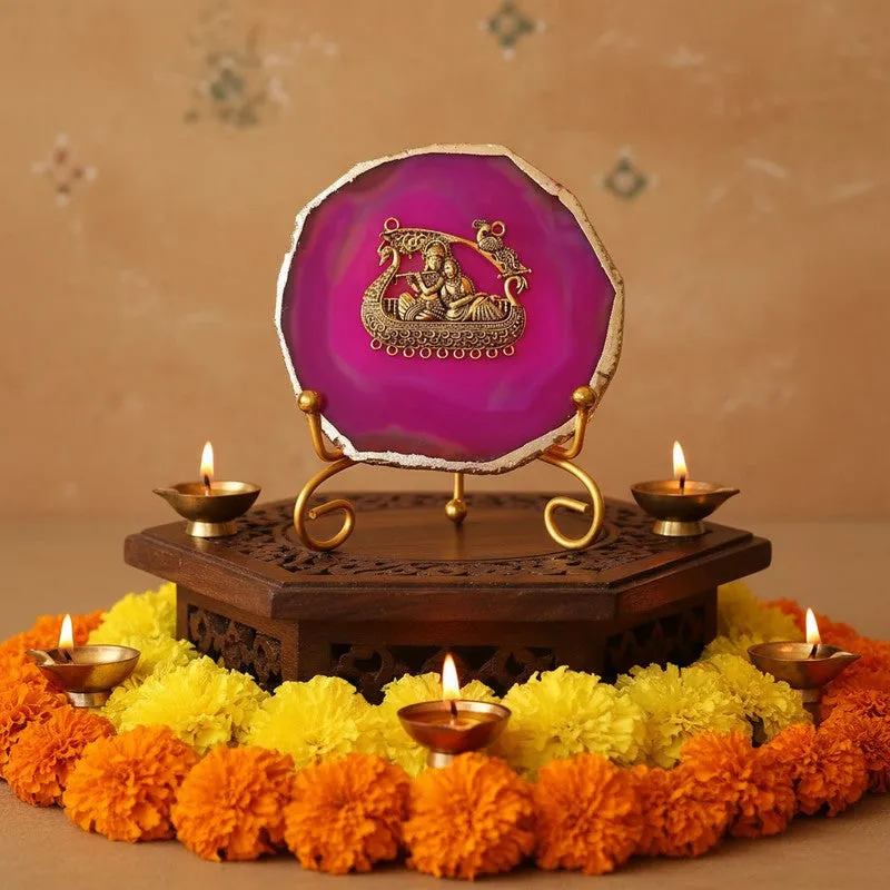 Radhe Krishna Bliss Agate Showpiece With Stand - Magenta & Gold media 1