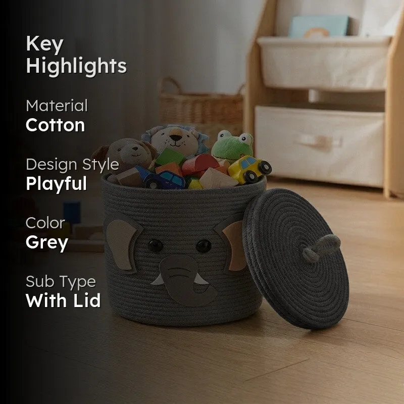 Grey elephant storage basket with lid in a room setting