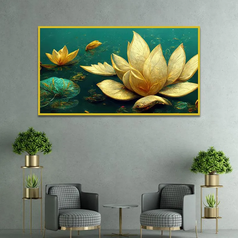 Gilded Ivory Lotus Floral Canvas Wall Painting With Frame - Gold media 1