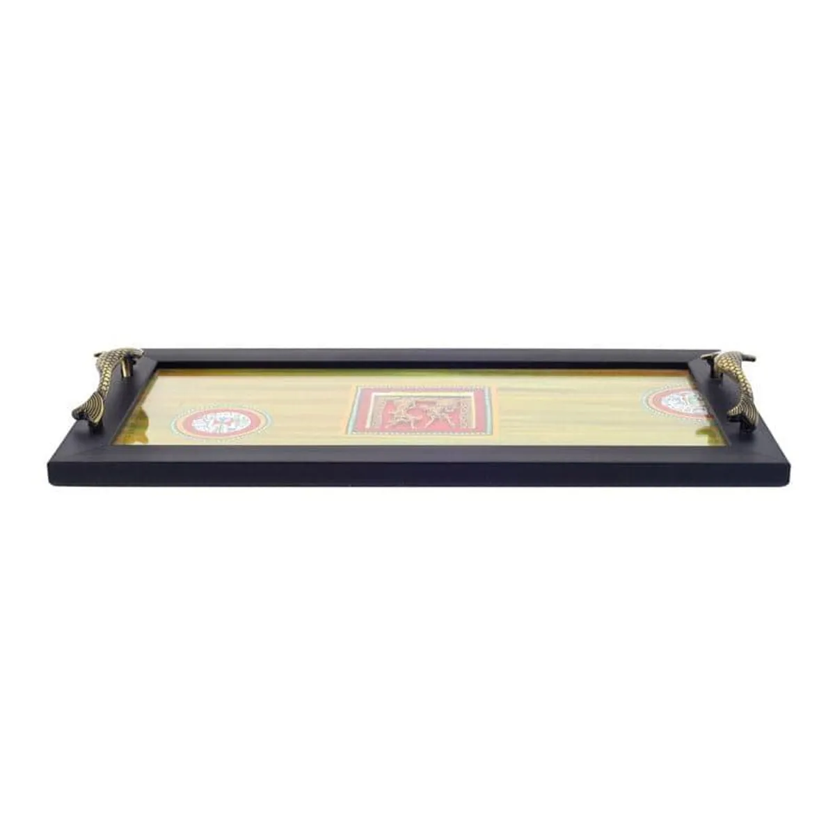 Side profile showing the shallow rectangular shape and decorative handles of the tray