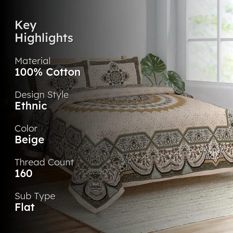 Sudrisha Ethnic Cotton Bedsheet (Beige) - 160 TC media 2