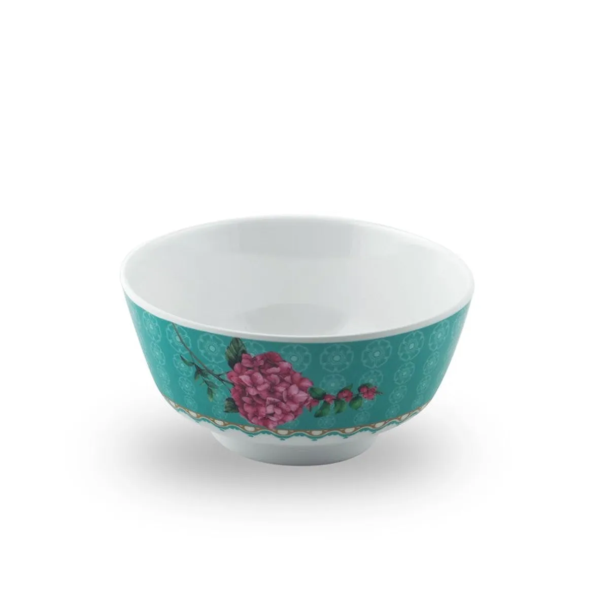 Single round teal bowl with pink floral detailing and a white interior.