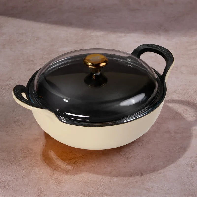 Cumin Co Enamel Cast Iron Kadhai With Lid (3200 mL) - White media 4