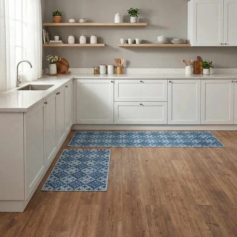 Muted Mosaic Polyester Kitchen Floor Mats (Blue) - Set of Two media 4