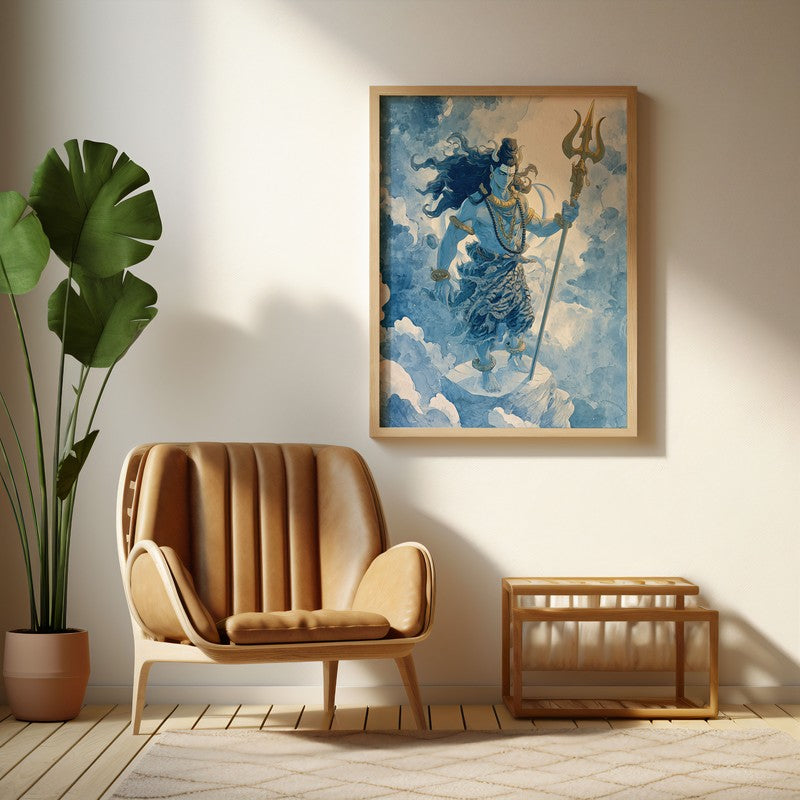 Mahadev With Trishul Divine I Archival Paper Wall Art - Natural Brown Frame