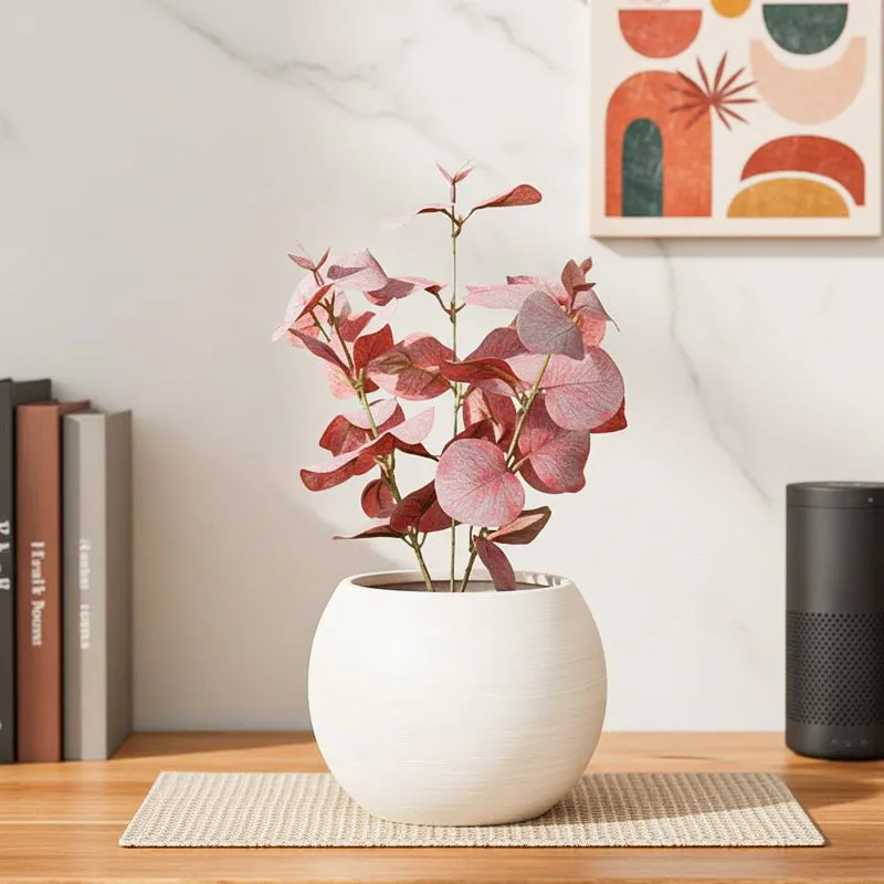 Artificial Eucalyptus Plant With Black Fiber Pot (Pink) - 1 Feet media 1
