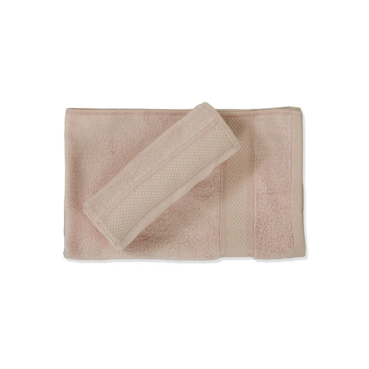 Two light beige hand towels displayed flat on a white background.