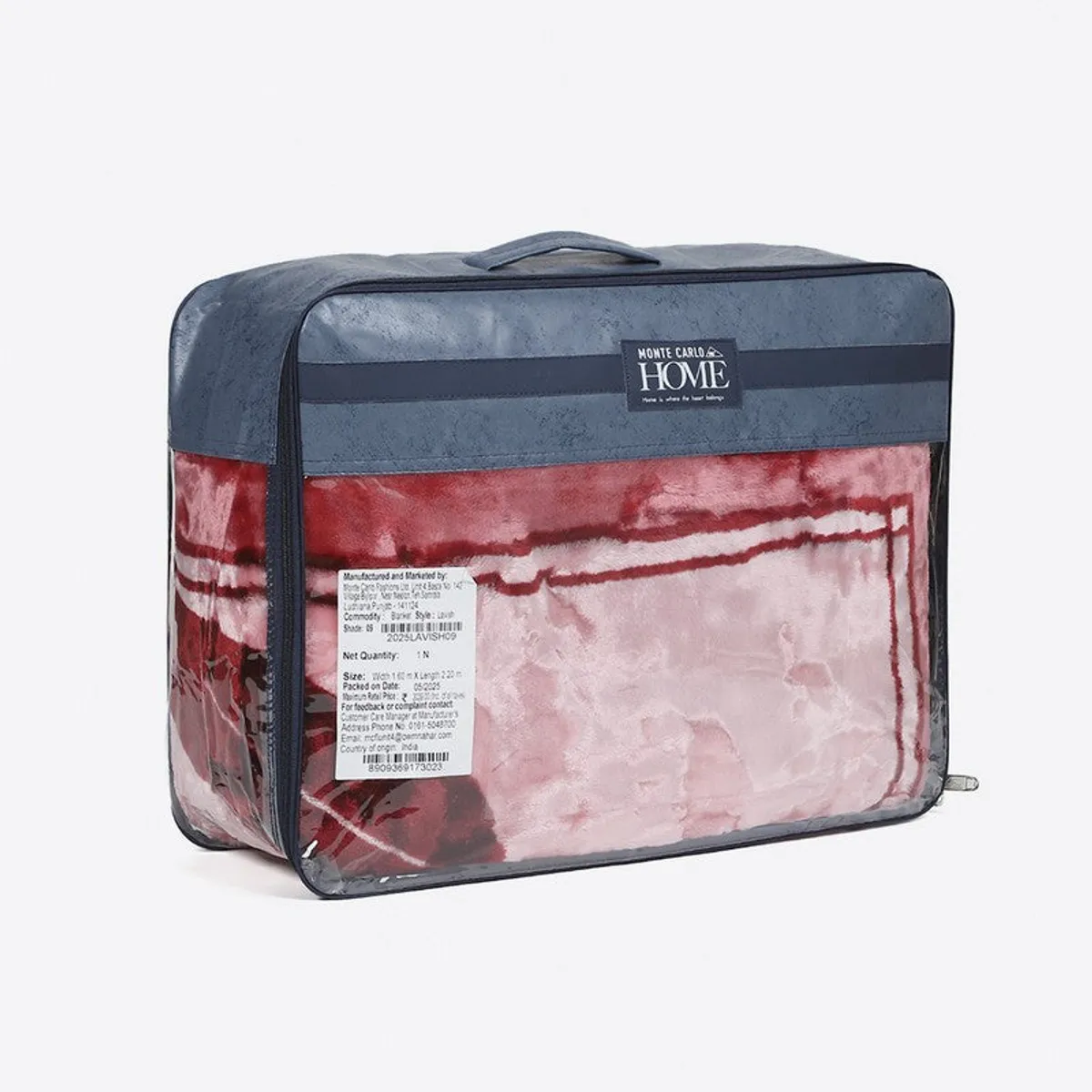 Maroon and pink blanket shown inside a transparent storage bag