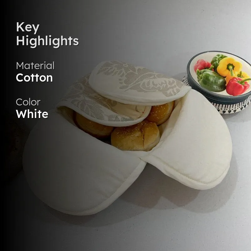 White cotton bread basket with padded flaps and floral cover