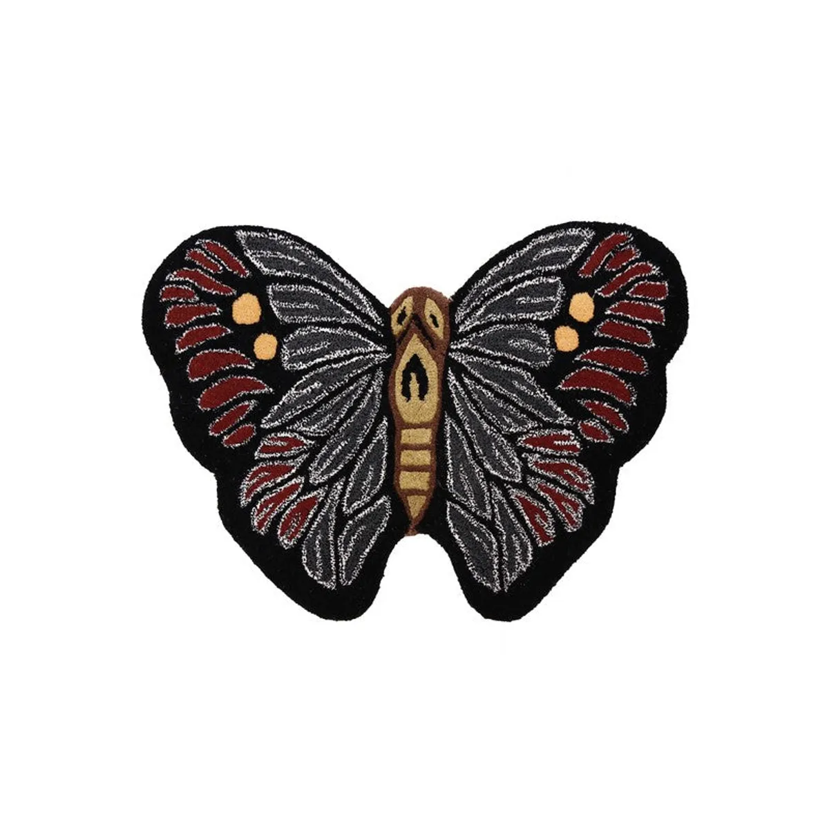 Butterfly-shaped wool carpet with black wings and red, grey and yellow details