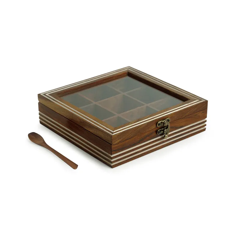 Closed brown wooden spice box with transparent lid and serving spoon