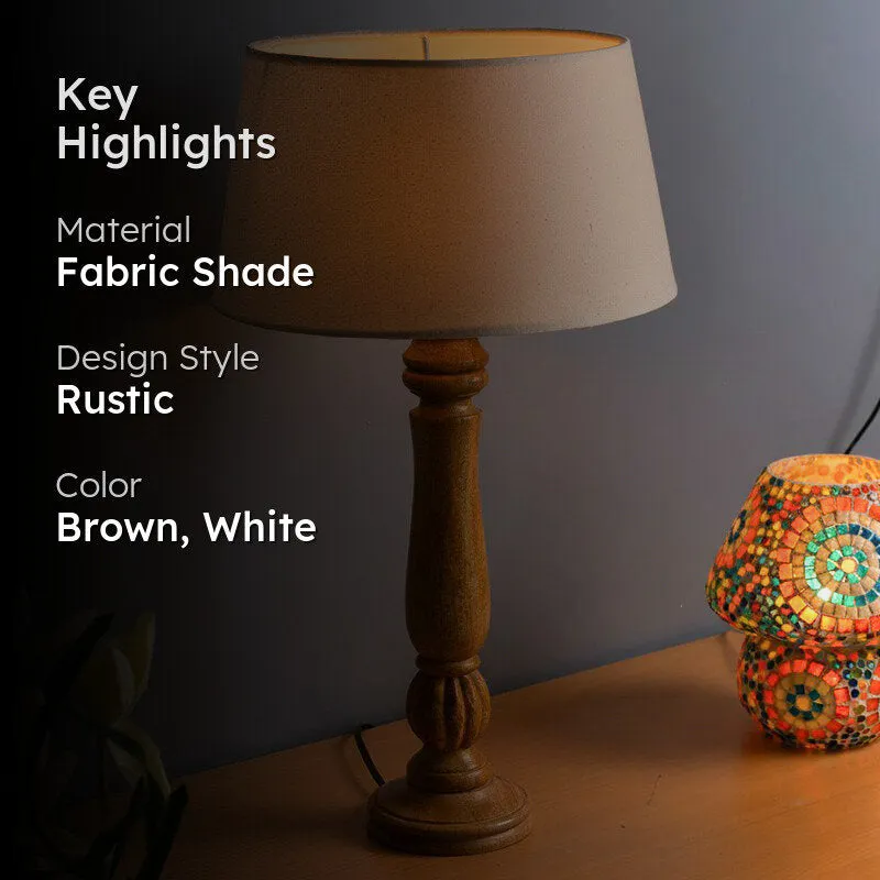 Rustic brown and white table lamp with fabric shade and highlight text