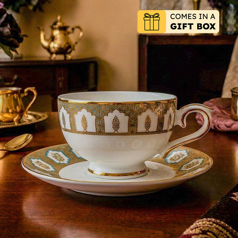 Gilded Chinar 24k Gold Brushed Porcelain Tea Cup & Saucer (280 mL) - Set of Six