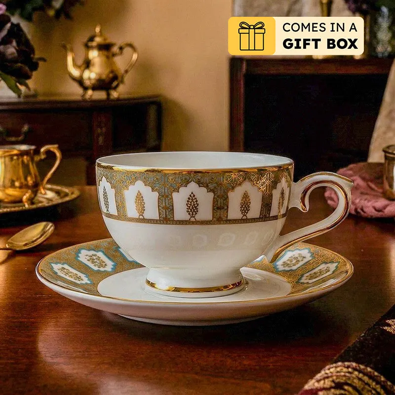 Gilded Chinar 24k Gold Brushed Porcelain Tea Cup & Saucer (280 mL) - Set of Six media 1