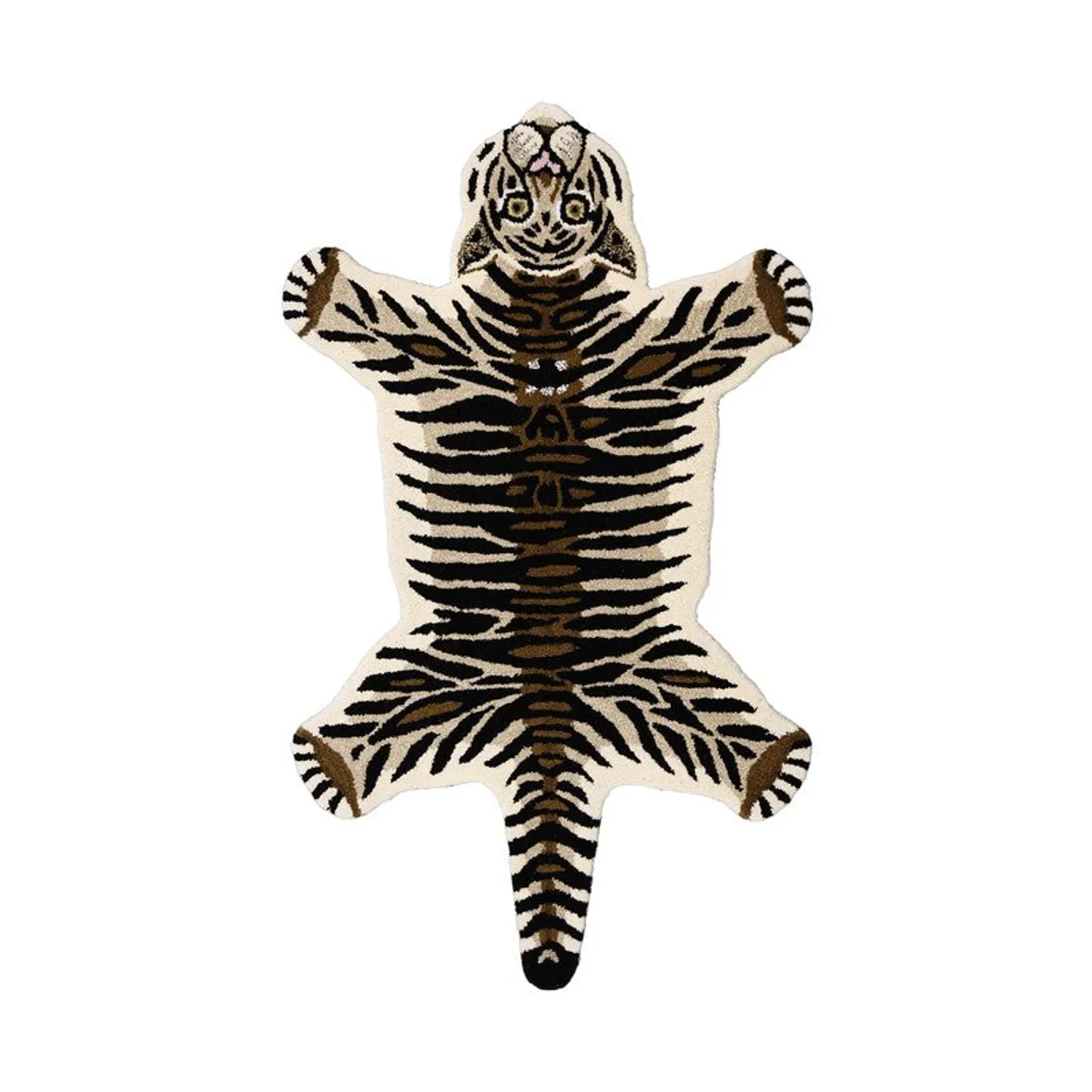 Tiger-shaped beige carpet with black and brown stripes on a white background