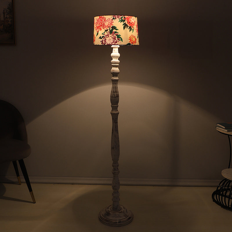 Miyabi Totem Printed Mango Wood Floor Lamp - White