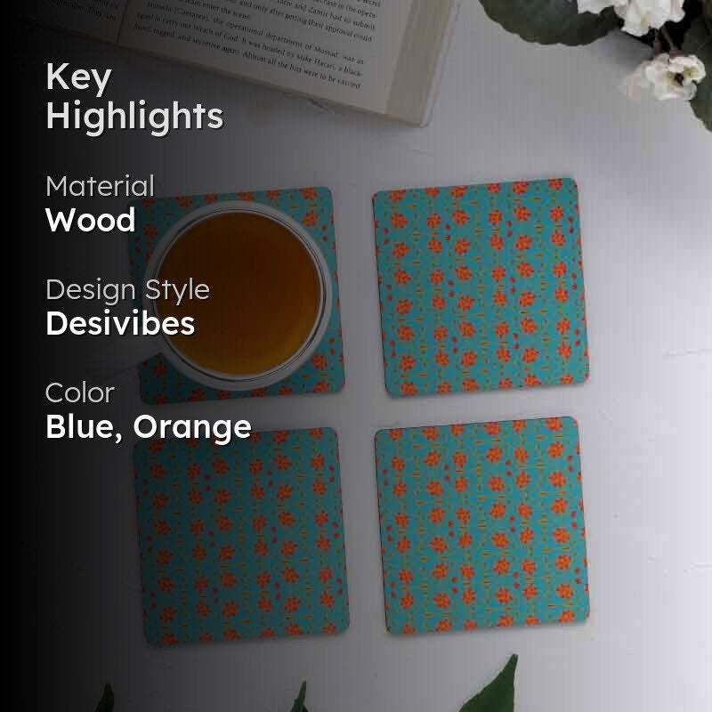 Magnate Mughal Floral Blue Square Coasters - Set Of Four media 2