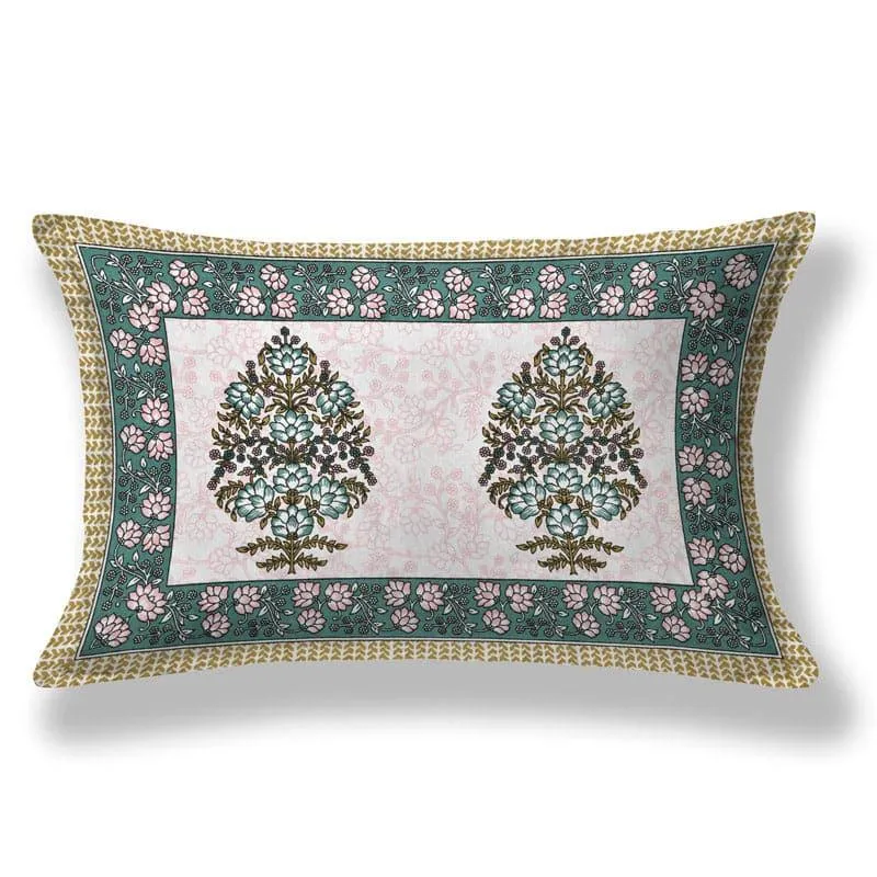 Matching pillow cover with floral motifs and green border