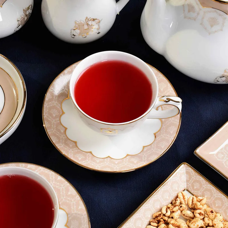 Gilded Legacy 24k Gold Brushed Porcelain Tea Cup & Saucer (Peach/ 300 mL) - Twelve Piece Set media 4