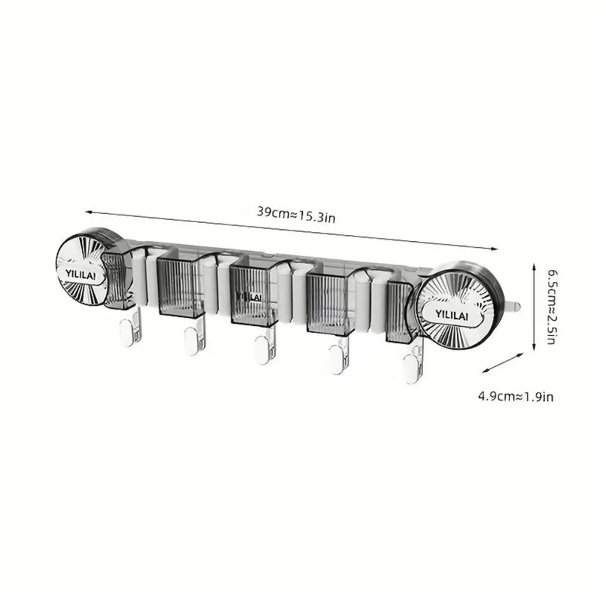 Transparent and silver wall-mounted organiser shown with overall dimensions