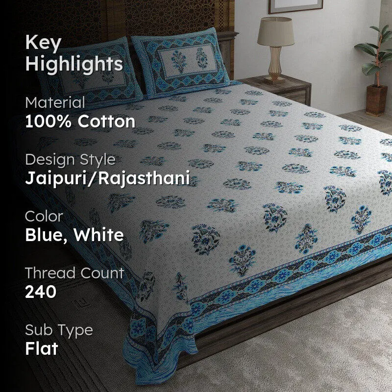 Royally Cotton Bedsheet (Blue,White) - 240 TC media 2