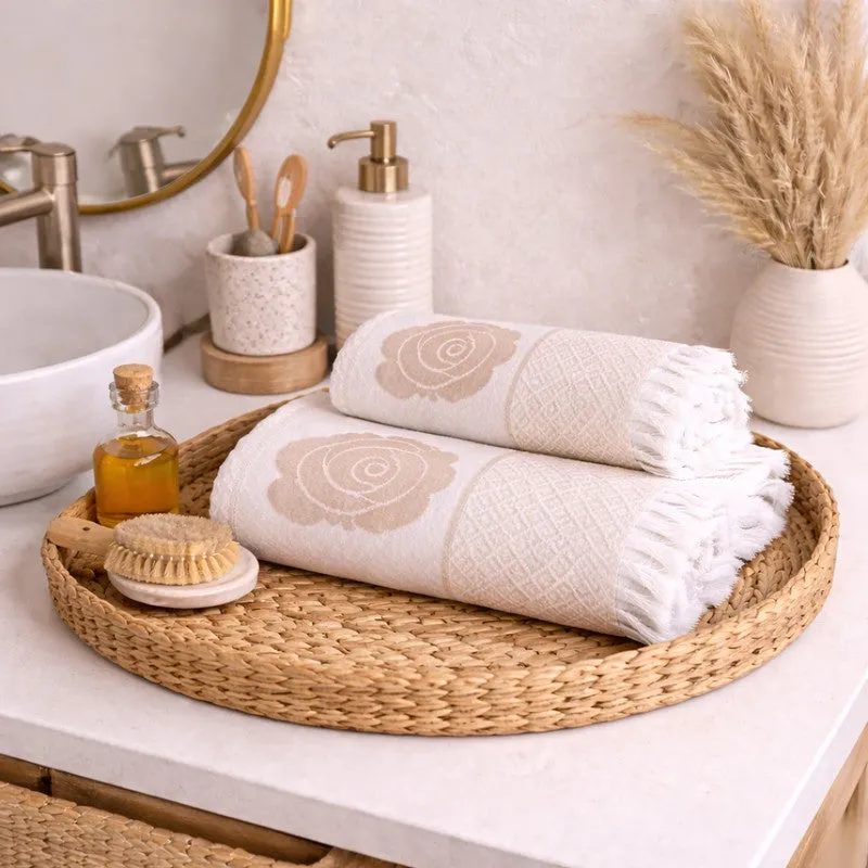 Rosette Cotton Hand & Bath Towel (Beige) - Set of Two media 5