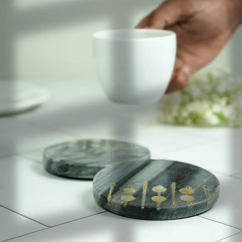 Pearl Charm Marble Coaster With Brass Inlay (Grey) - Set Of Two media 6