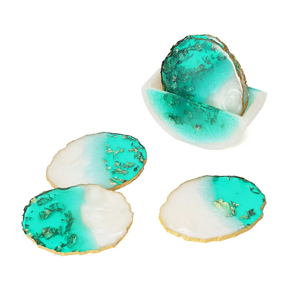 Three green and white resin coasters displayed with the matching stand