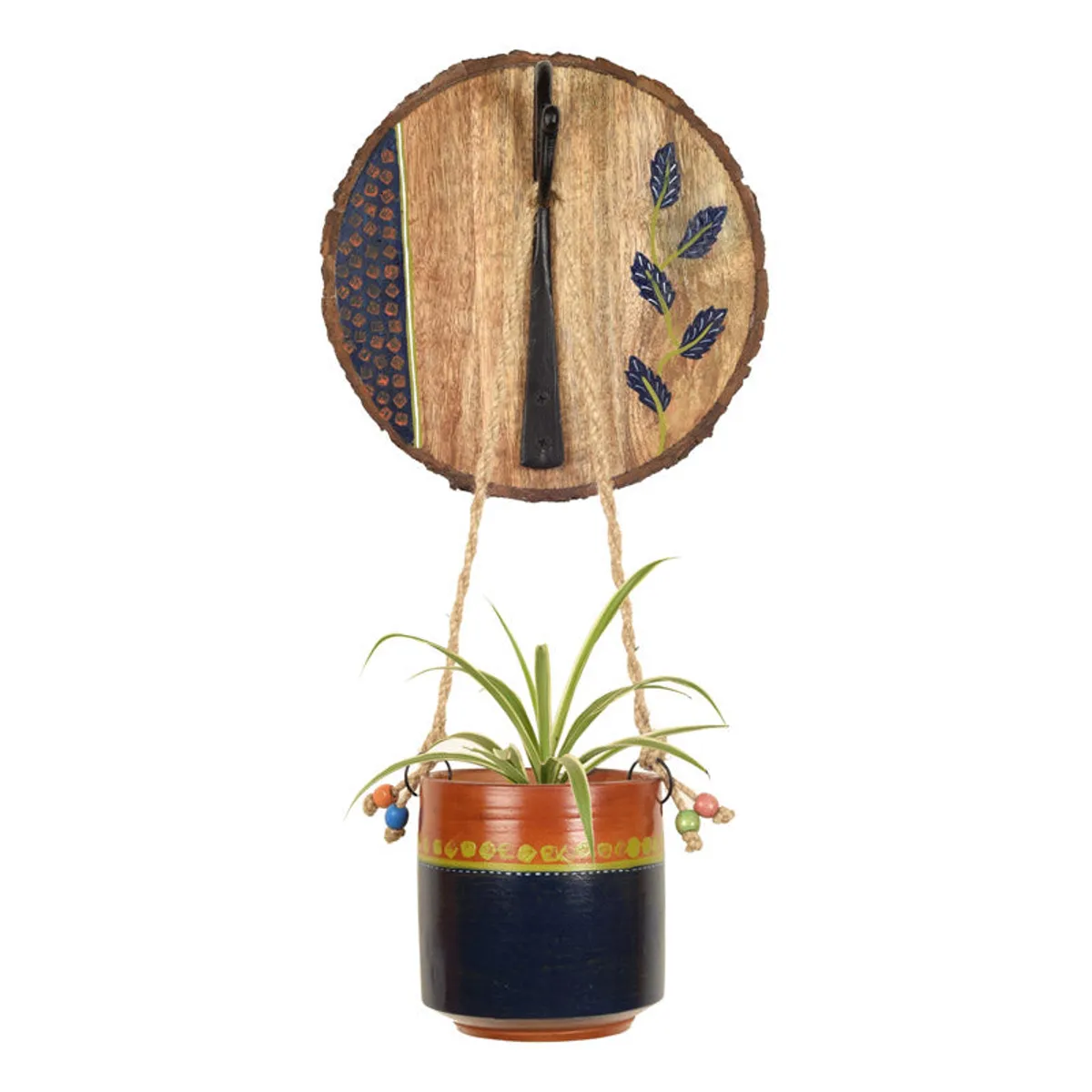 Front view of a wooden wall planter with a blue and terracotta hanging pot.