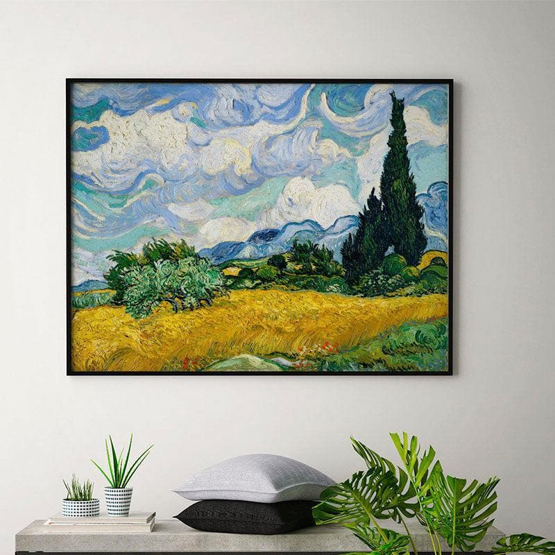 Wheat Field With Cypresses Canvas Wall Painting - Black Frame