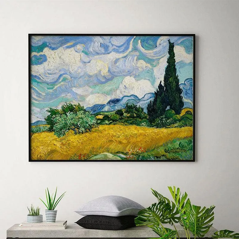 Wheat Field With Cypresses Canvas Wall Painting - Black Frame media 1