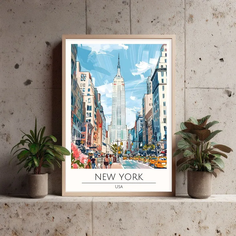 Vintage New York Framed Canvas Archival Canvas Wall Painting - Natural Brown Frame media 3
