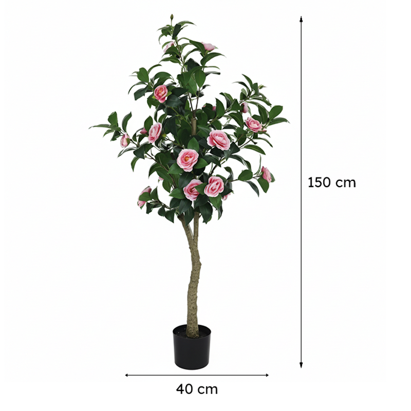 Faux Camellia Bloom Rose With Black Plastic Pot - Pink & Green media 8
