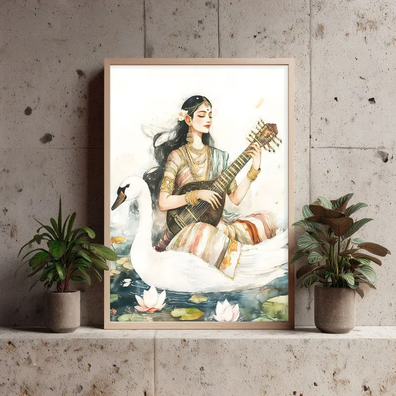 Hamsavahini Saraswati Spiritual Archival Paper Wall Painting - Natural Brown Frame media 3