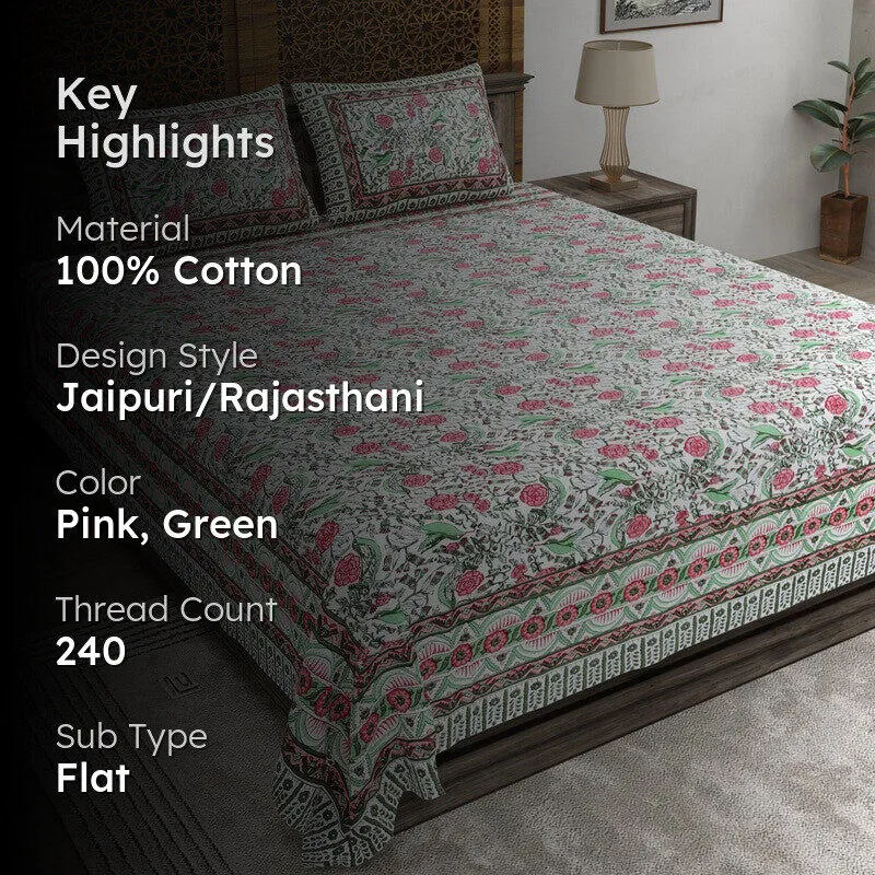 Formum Cotton Bedsheet (Pink,Green) - 240 TC media 2