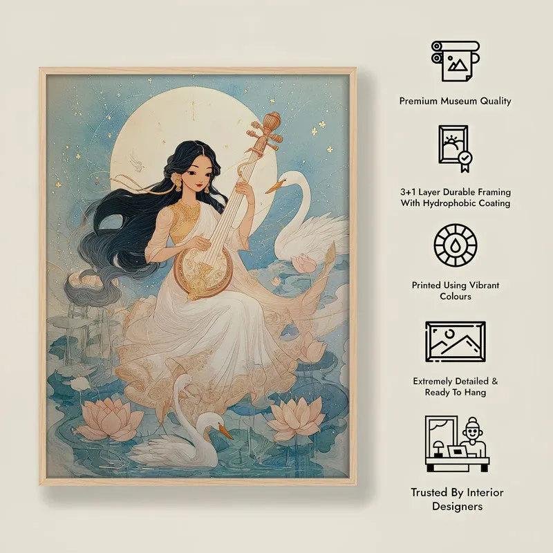 Goddess Saraswati Playing Bina Blissful Archival Paper Wall Art - Natural Brown Frame media 8