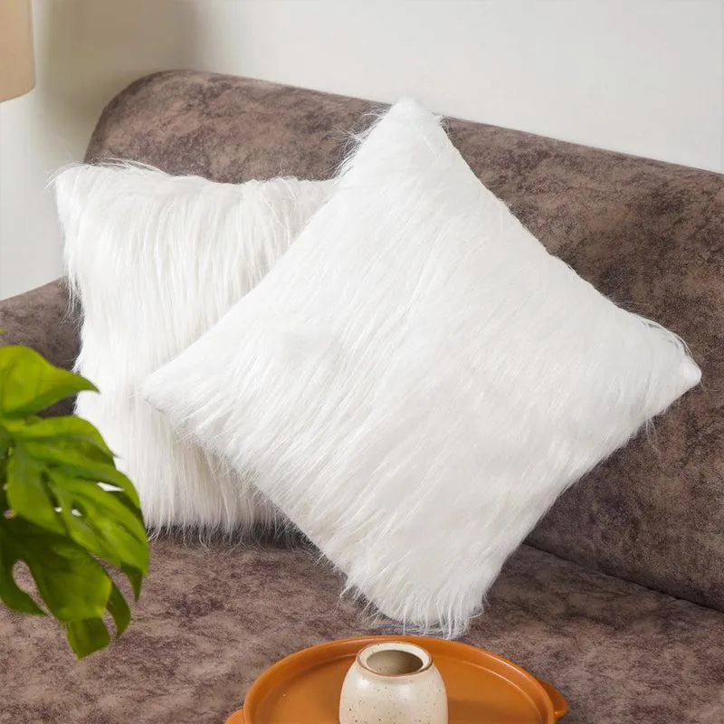 Velvuro Faux Fur Solid Cushion Cover (White) - Set Of Two media 5