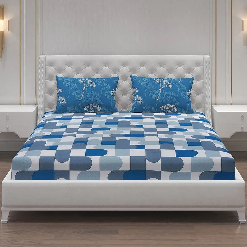 Monte Carlo Multi Blocks Cotton Bedsheet (White,Blue) - 104 TC media 3
